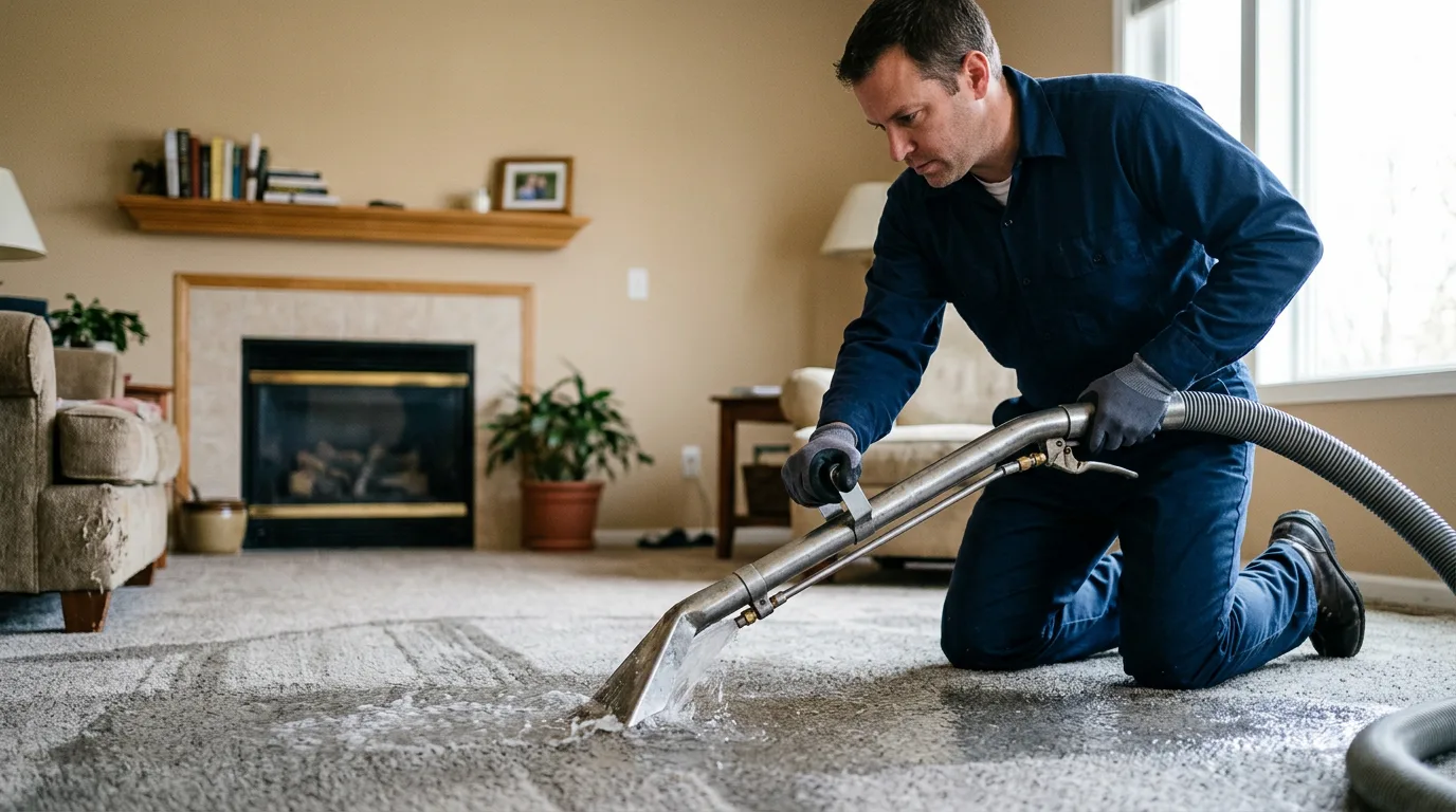 Water damage restoration technician working near Geneva, IN